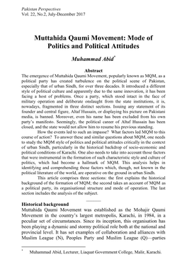 Muttahida Qaumi Movement: Mode of Politics and Political Attitudes