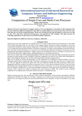 Comparison of Single-Core and Multi-Core Processor Sukhdev Singh Ghuman Assistant Professor, SBDSM Khalsa College, Domeli (Kapurthala), Punjab, India