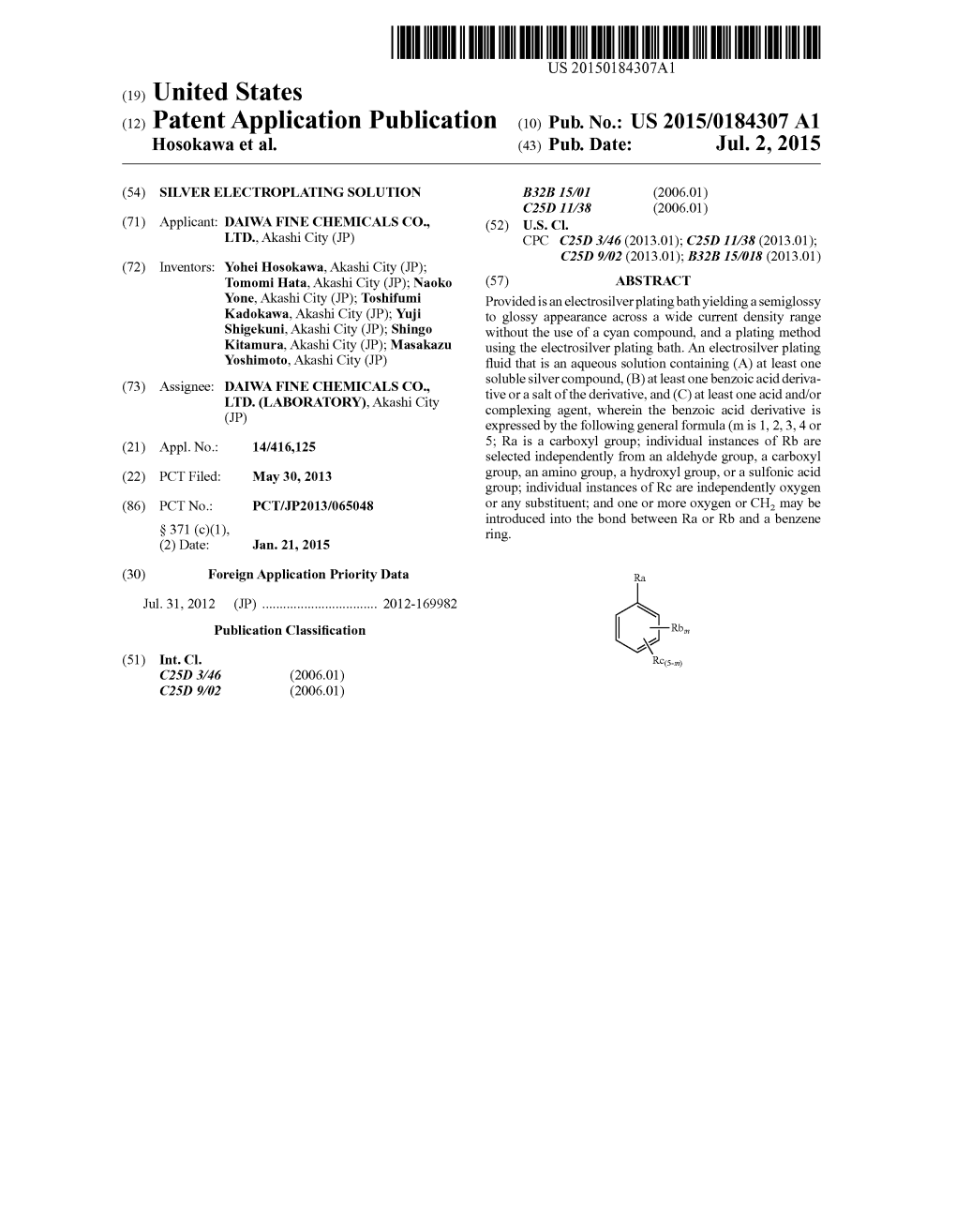 (12) Patent Application Publication (10) Pub. No.: US 2015/0184307 A1 Hosokawa Et Al