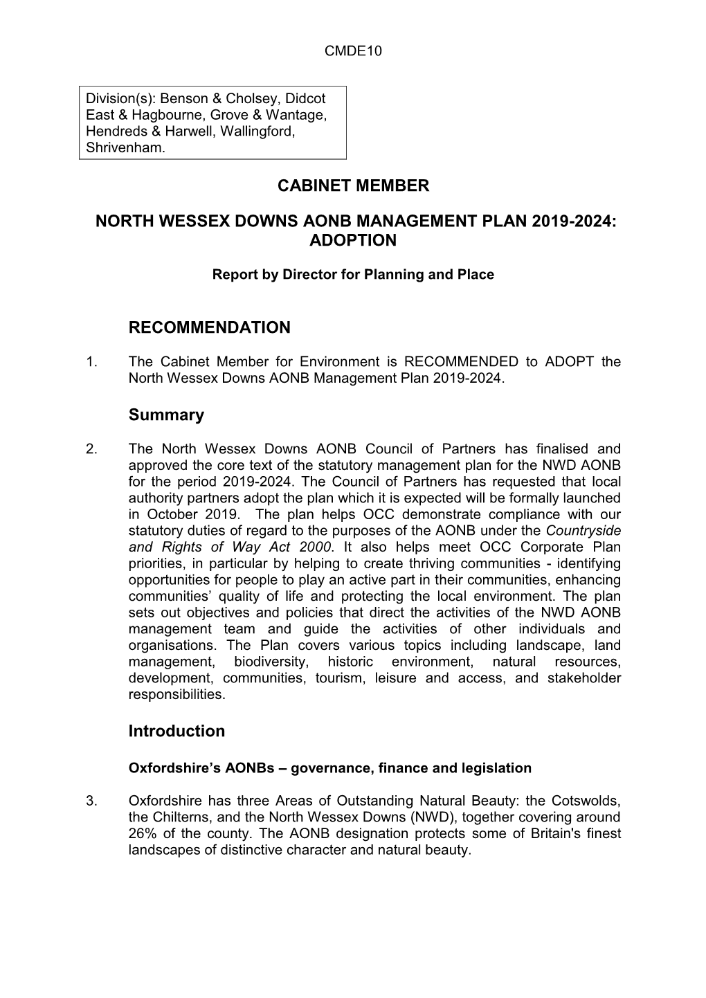 North Wessex Downs Aonb Management Plan 2019-2024: Adoption