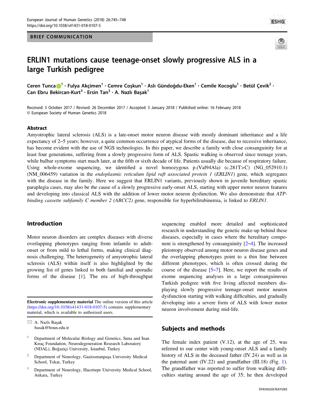 ERLIN1 Mutations Cause Teenage-Onset Slowly Progressive ALS in a Large Turkish Pedigree