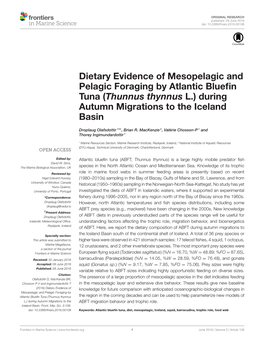 Dietary Evidence of Mesopelagic and Pelagic Foraging by Atlantic Blueﬁn Tuna (Thunnus Thynnus L.) During Autumn Migrations to the Iceland Basin
