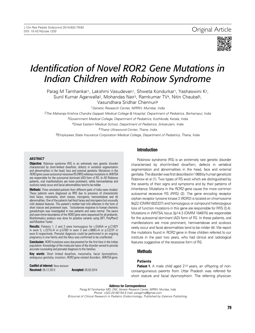 Identification of Novel ROR2 Gene Mutations in Indian Children with Robinow Syndrome