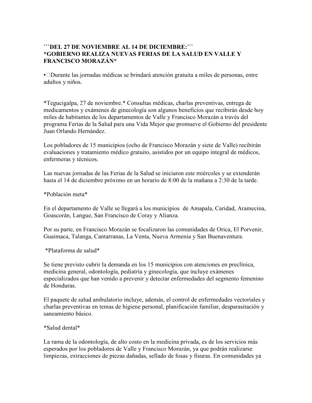 Gobierno Realiza Nuevas Ferias De La Salud En Valle Y Francisco Morazán*