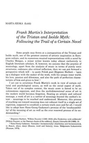 Frank Martin's Interpretation of the Tristan and Isolde Myth