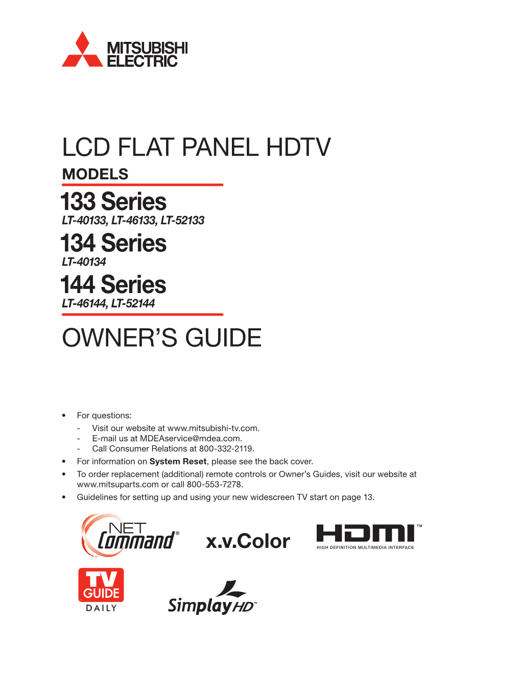 LCD FLAT PANEL HDTV 133 Series 134 Series 144 Series OWNER's