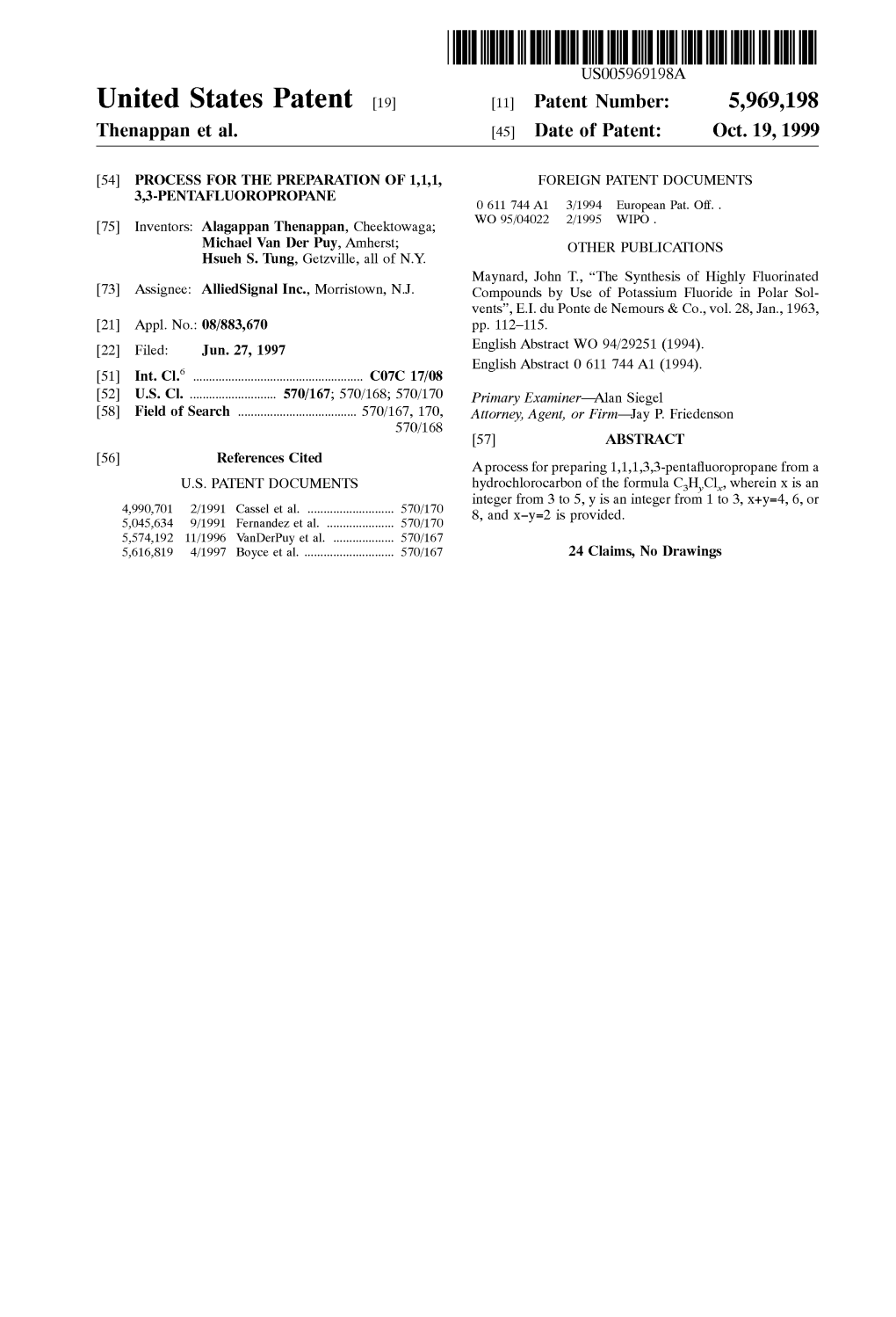 United States Patent (19) 11 Patent Number: 5,969,198 Then Appan Et Al