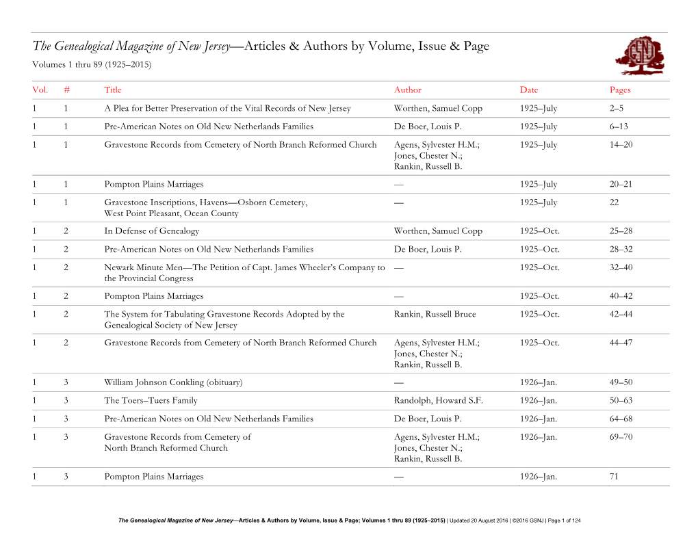 GSNJ Publications &gt; Genealogical Magazine of New Jersey