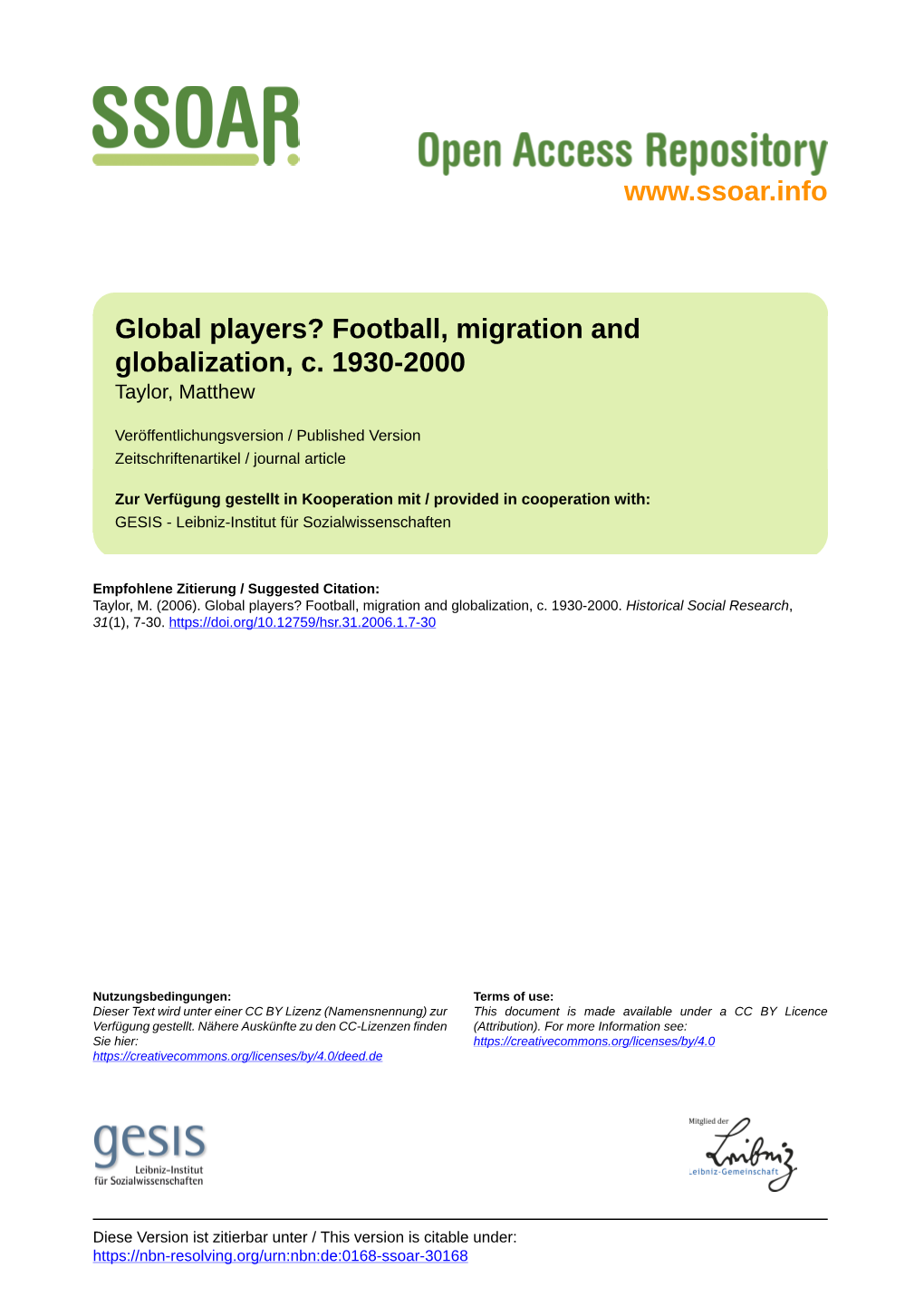 Global Players? Football, Migration and Globalization, C. 1930-2000 Taylor, Matthew