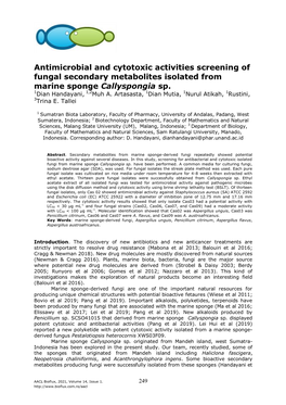 Antimicrobial and Cytotoxic Activities Screening of Fungal Secondary Metabolites Isolated from Marine Sponge Callyspongia Sp