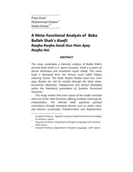 A Meta-Functional Analysis of Baba Bulleh Shah's Kaafi