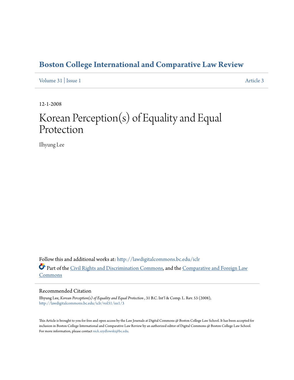 Korean Perception(S) of Equality and Equal Protection Ilhyung Lee