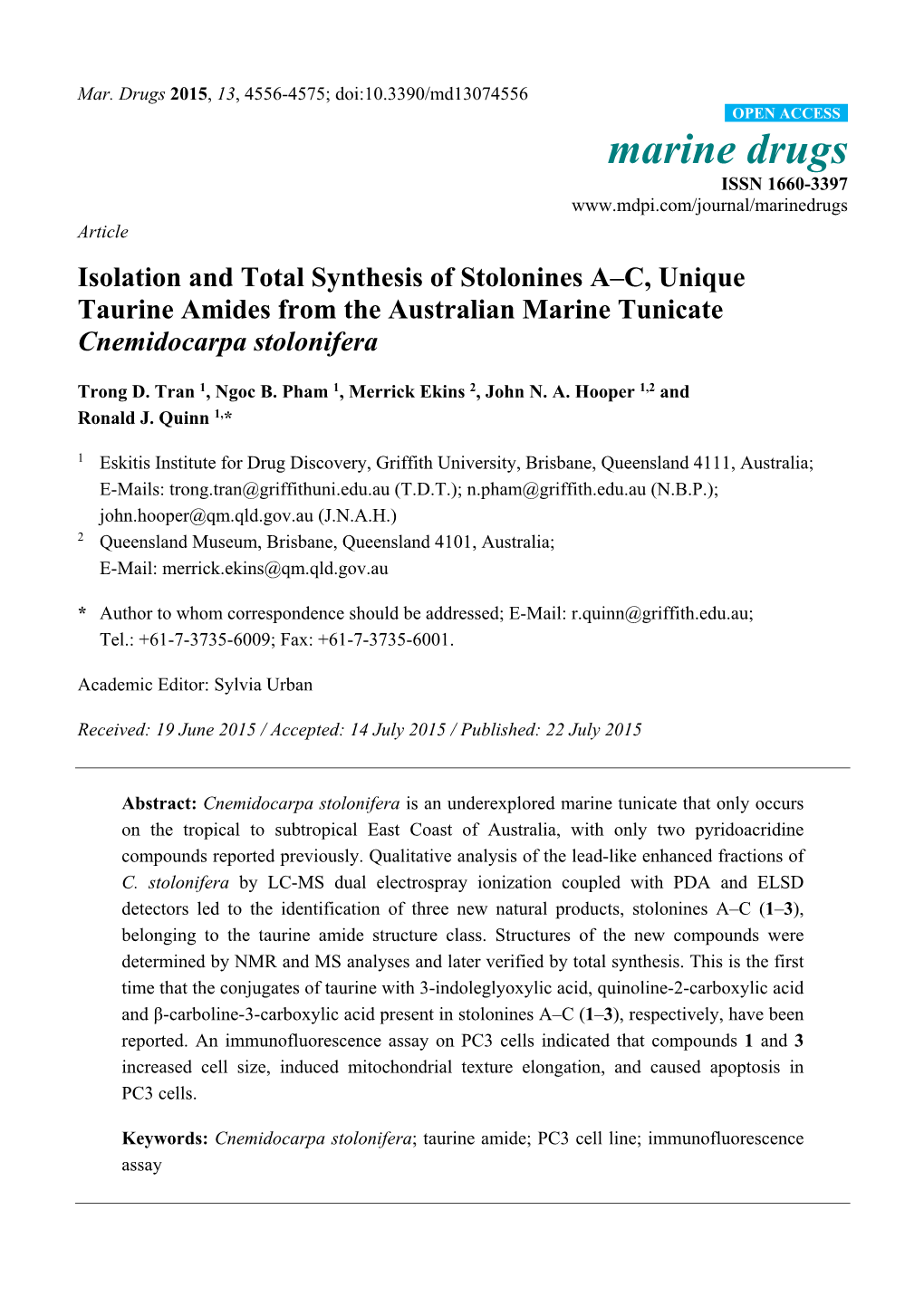 Isolation and Total Synthesis of Stolonines A–C, Unique Taurine Amides from the Australian Marine Tunicate Cnemidocarpa Stolonifera