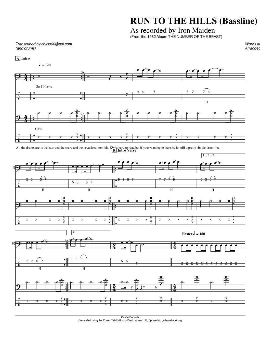 Run to the Hills Bass Tab