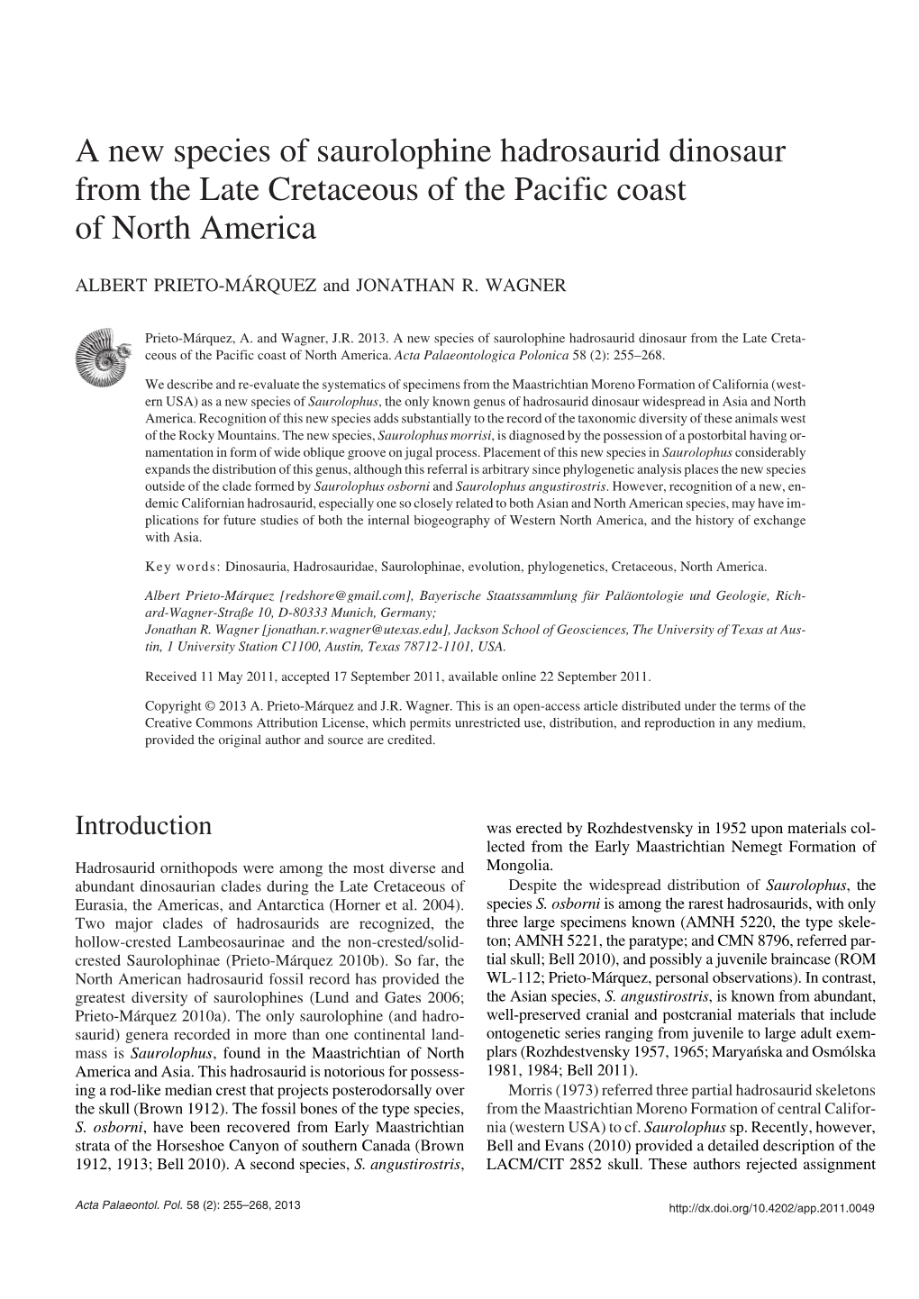 A New Species of Saurolophine Hadrosaurid Dinosaur from the Late Cretaceous of the Pacific Coast of North America