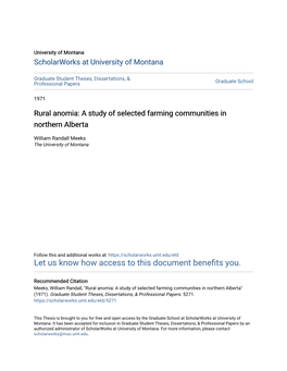 Rural Anomia: a Study of Selected Farming Communities in Northern Alberta
