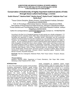 Conservation of Biodiversity of Highly Important Medicinal Plants of India Through Tissue Culture Technology