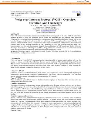 Voice Over Internet Protocol (VOIP): Overview, Direction and Challenges 1 U