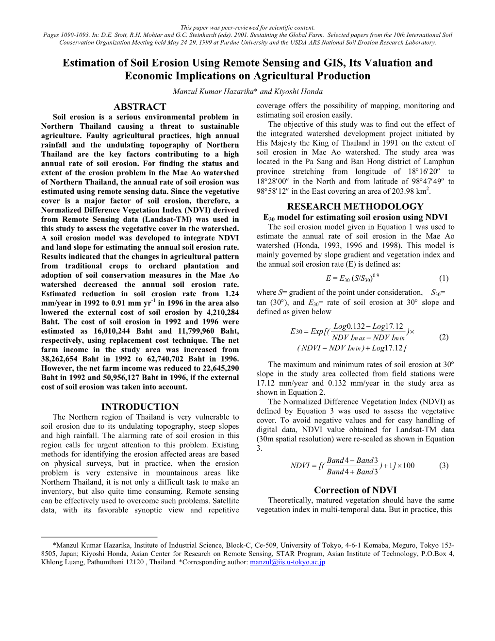 Estimation of Soil Erosion Using Remote Sensing and GIS, Its Valuation and Economic Implications on Agricultural Production