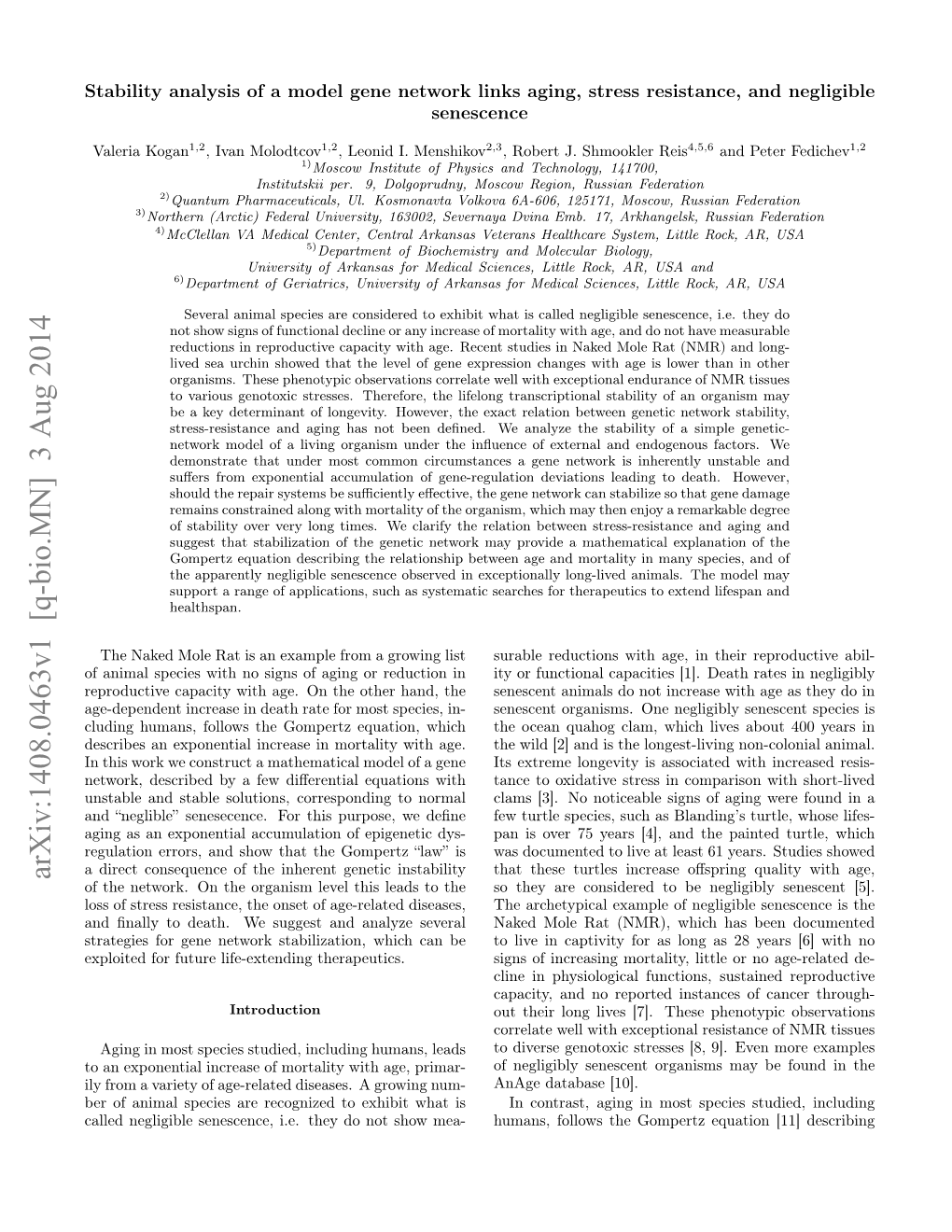 Stability Analysis of a Model Gene Network Links Aging, Stress Resistance, and Negligible Senescence