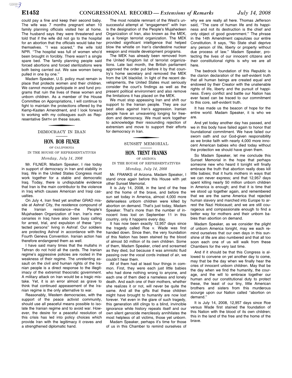 CONGRESSIONAL RECORD— Extensions of Remarks E1452 HON. BOB FILNER HON. TRENT FRANKS