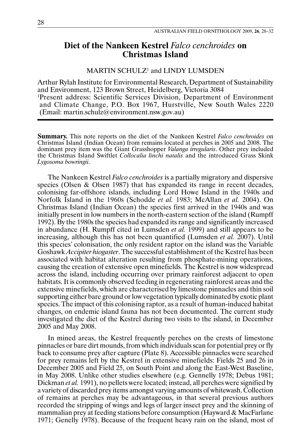 Diet of the Nankeen Kestrel Falco Cenchroides on Christmas Island