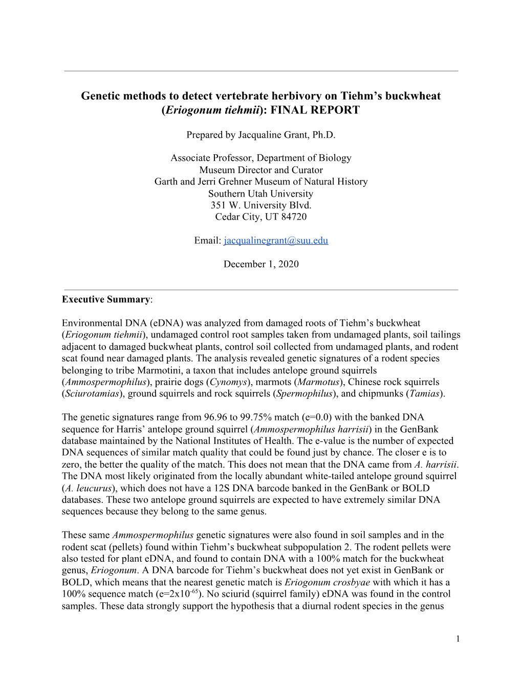 Genetic Methods to Detect Vertebrate Herbivory on Tiehm's Buckwheat