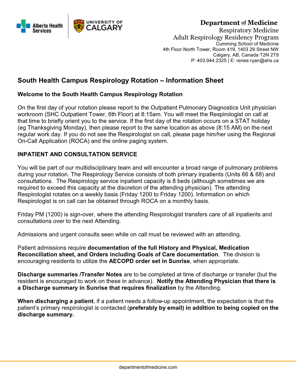 South Health Campus Respirology Rotation – Information Sheet