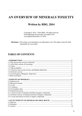An Overview of Minerals Toxicity, by RDG, 2014-2020