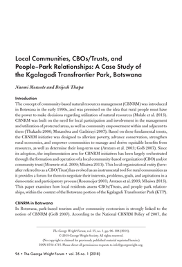 Local Communities, Cbos/Trusts, and People–Park Relationships: a Case Study of the Kgalagadi Transfrontier Park, Botswana