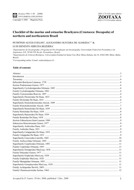 Zootaxa, Checklist of the Marine and Estuarine Brachyura (Crustacea: Decapoda) Of