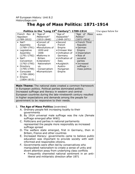 The Age of Mass Politics: 1871-1914