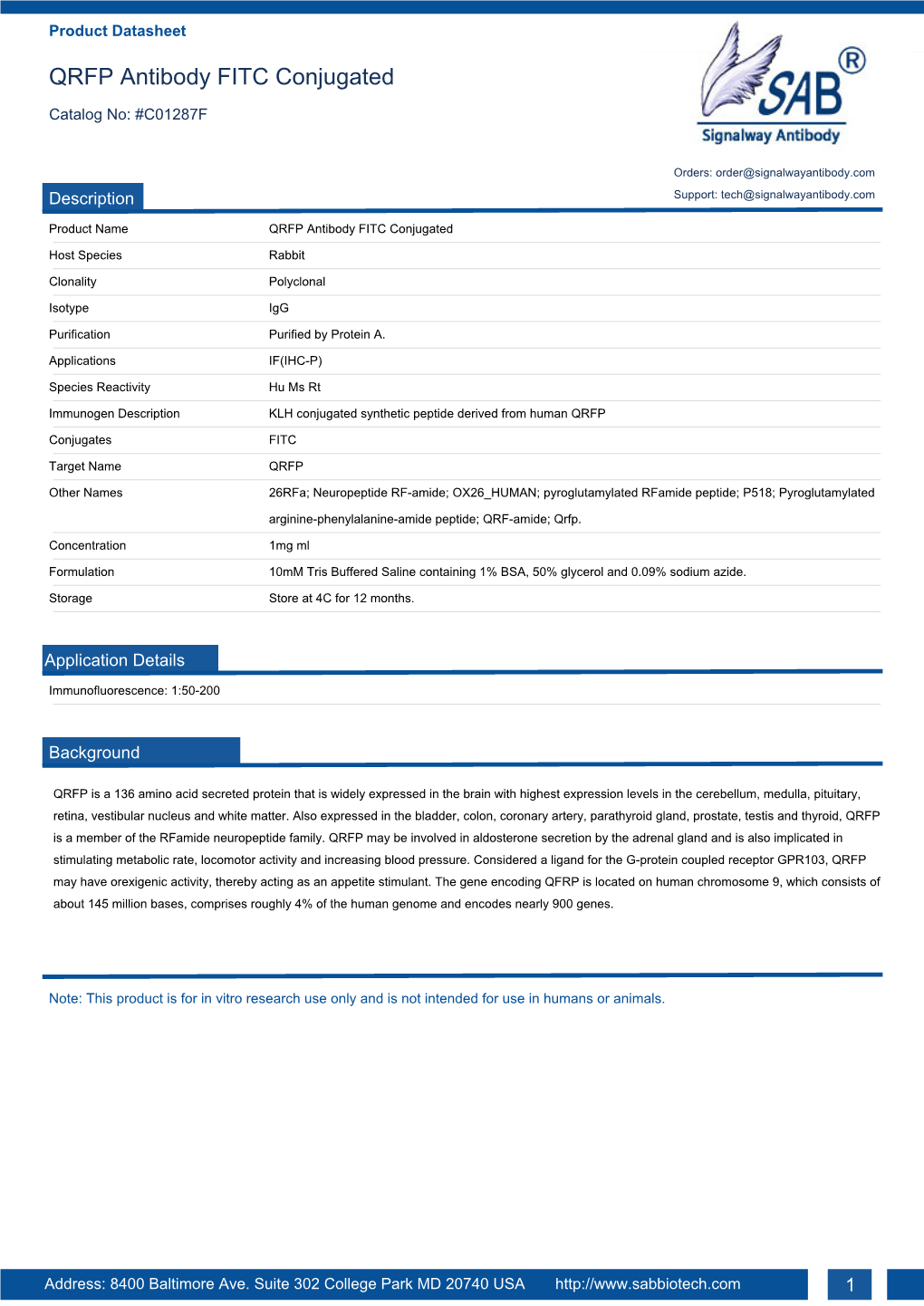 QRFP Antibody FITC Conjugated