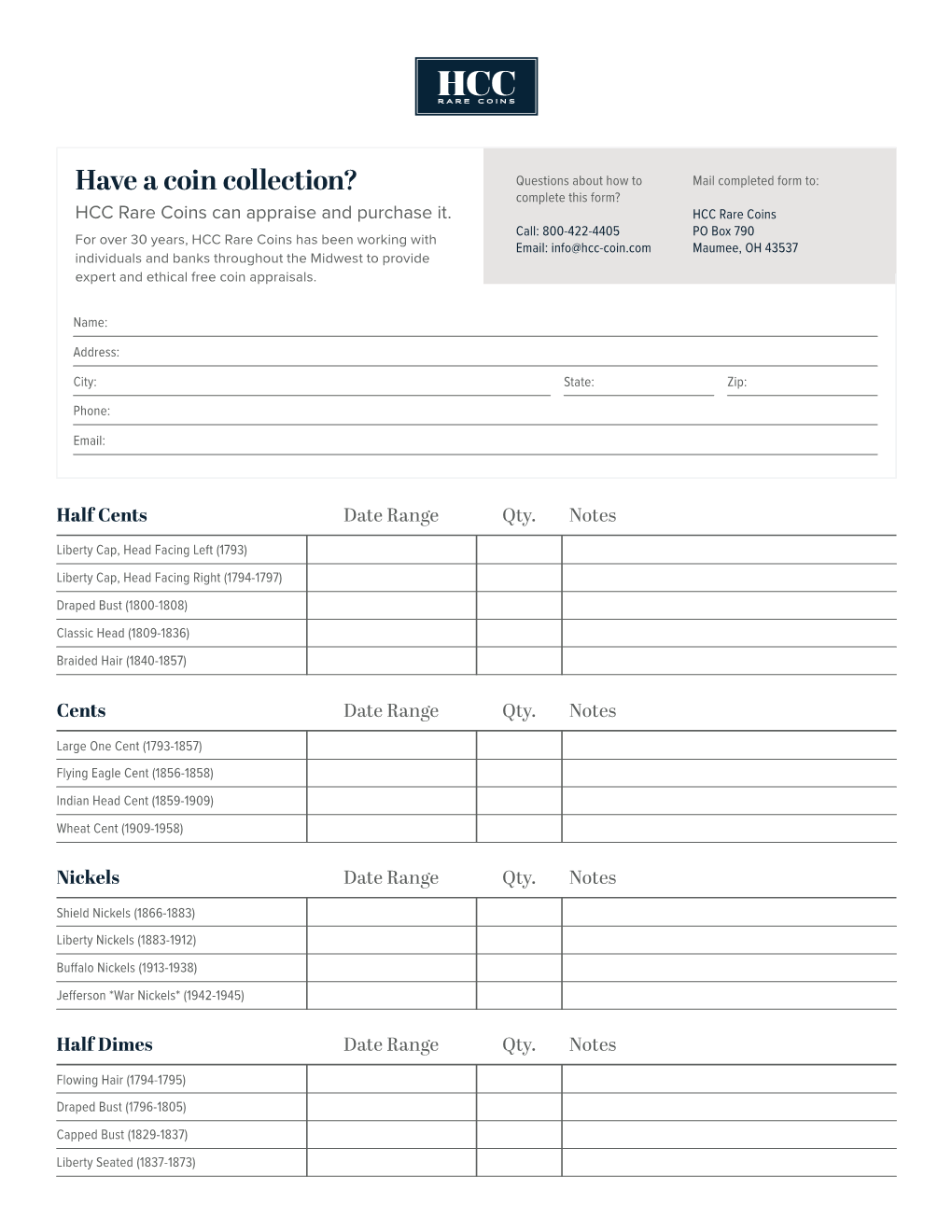 Have a Coin Collection? Complete This Form? HCC Rare Coins Can Appraise and Purchase It