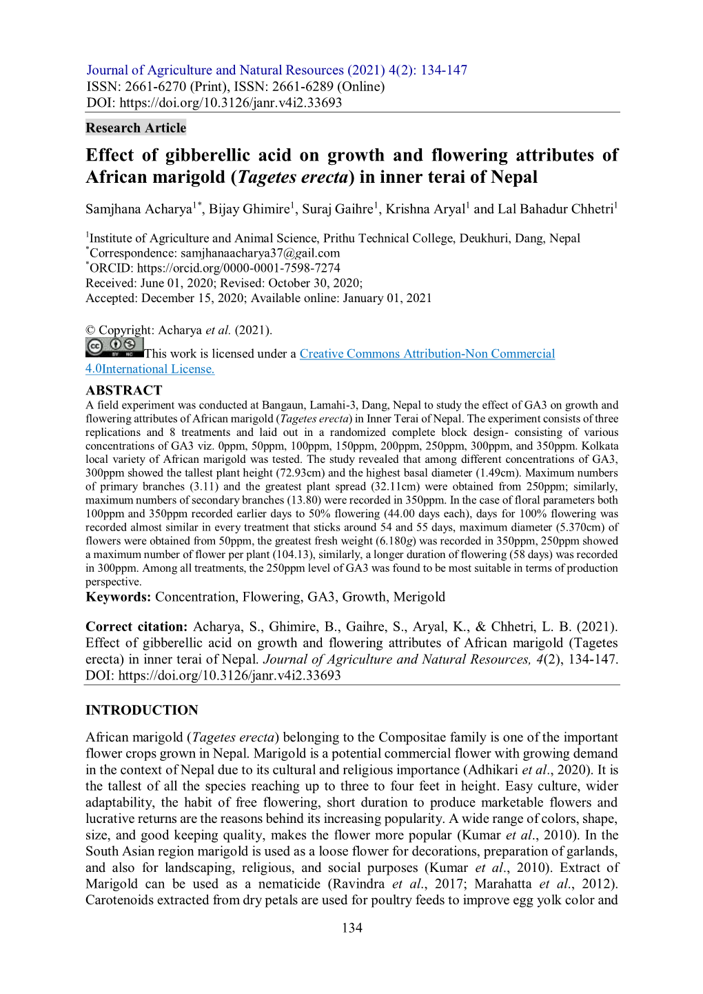 Effect of Gibberellic Acid on Growth and Flowering Attributes of African Marigold (Tagetes Erecta) in Inner Terai of Nepal