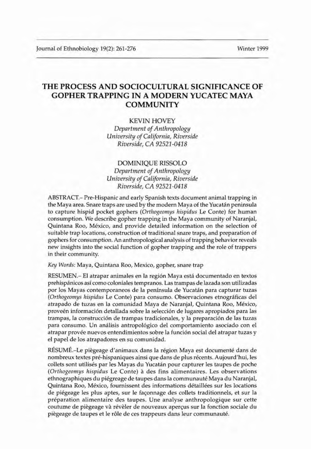 The Process and Sociocultural Significance of Gopher Trapping in a Modern Yucatec Maya Community