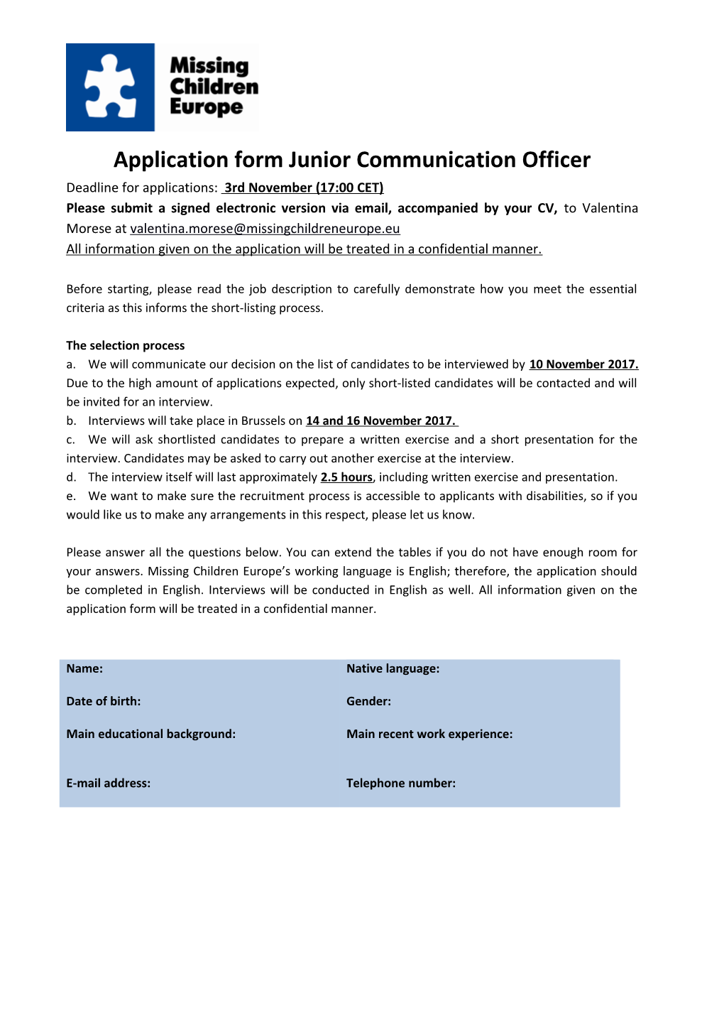 Application Form Junior Communication Officer