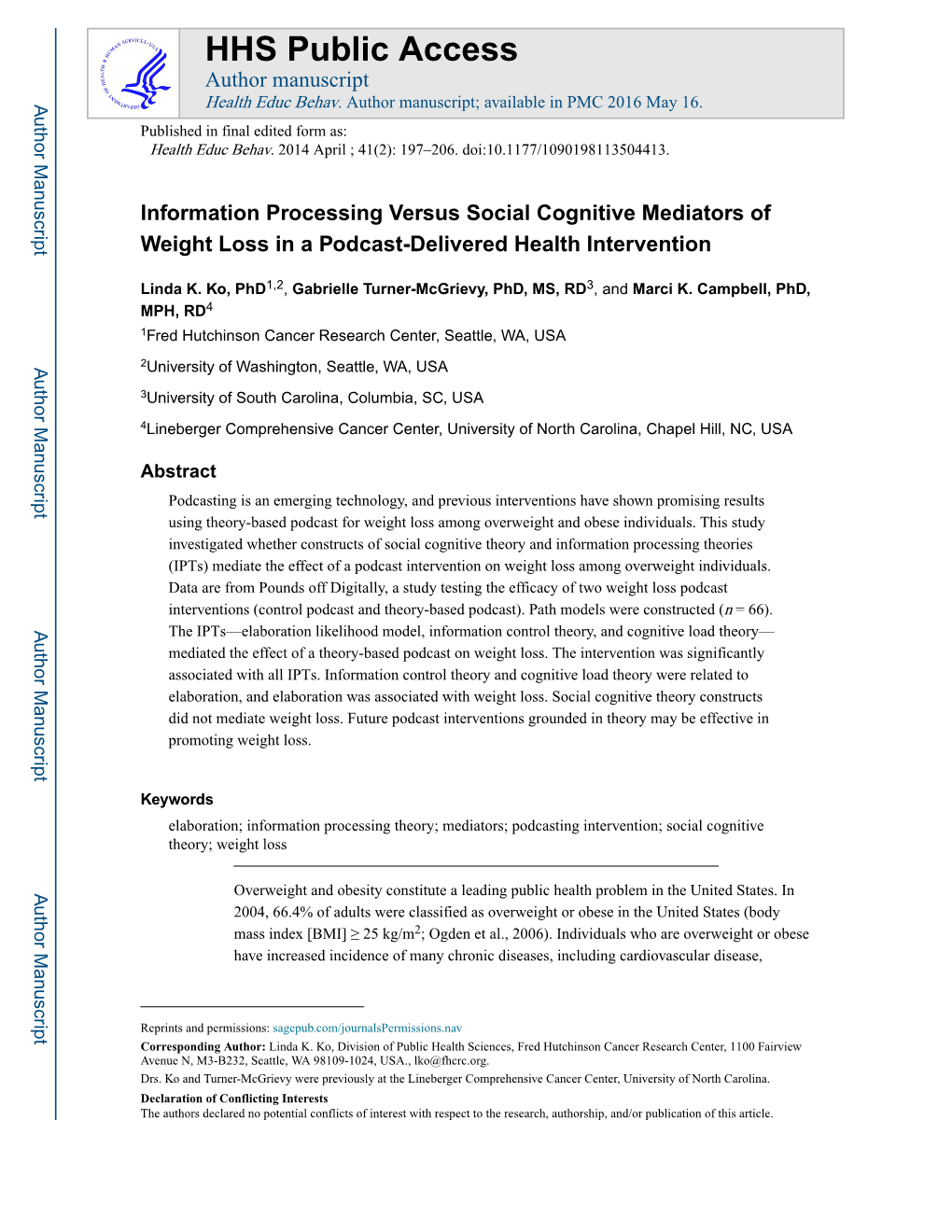 Information Processing Versus Social Cognitive Mediators of Weight Loss in a Podcast-Delivered Health Intervention