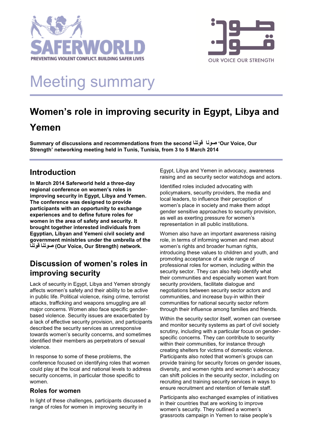 Women's Role in Improving Security in Egypt, Libya and Yemen