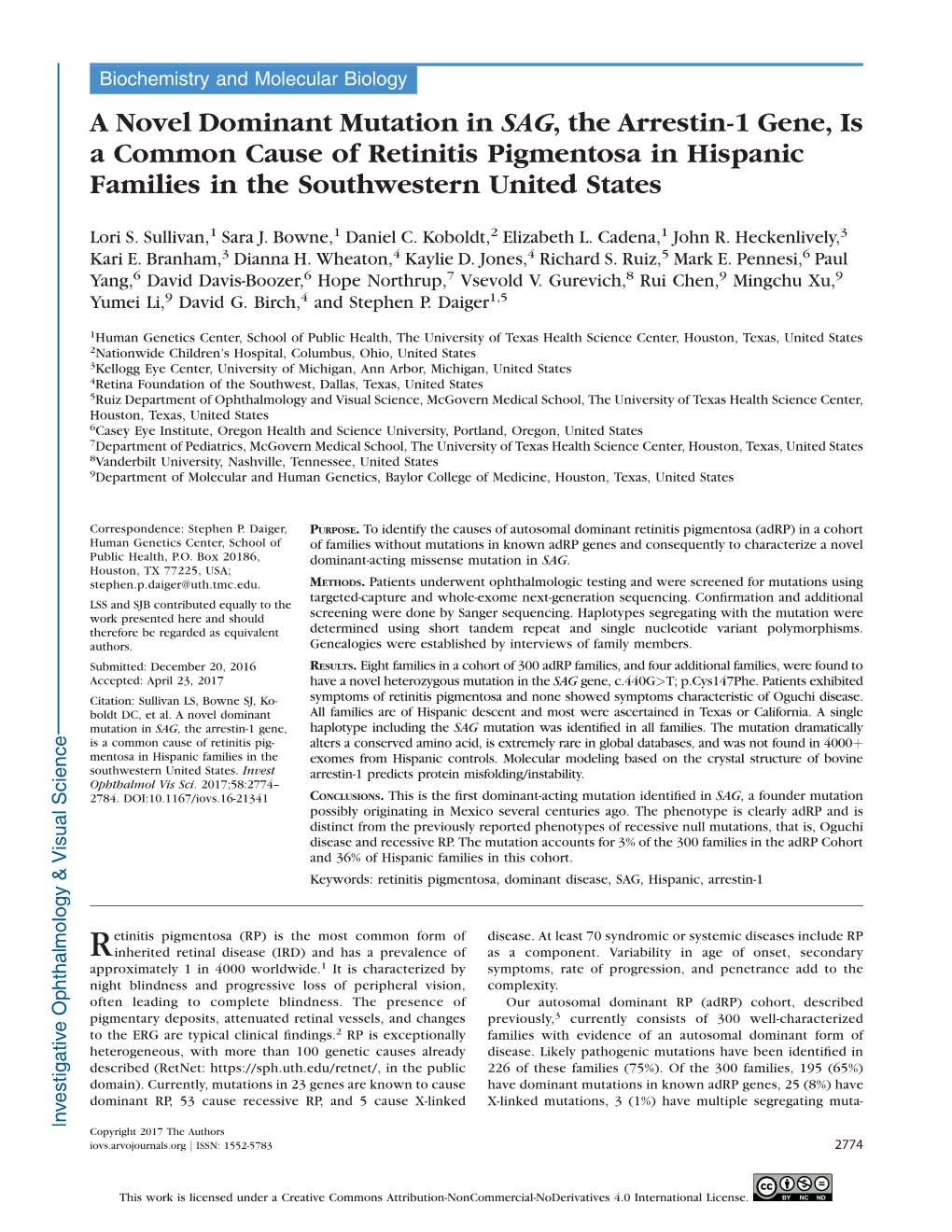 A Novel Dominant Mutation in SAG, the Arrestin-1 Gene, Is a Common Cause of Retinitis Pigmentosa in Hispanic Families in the Southwestern United States