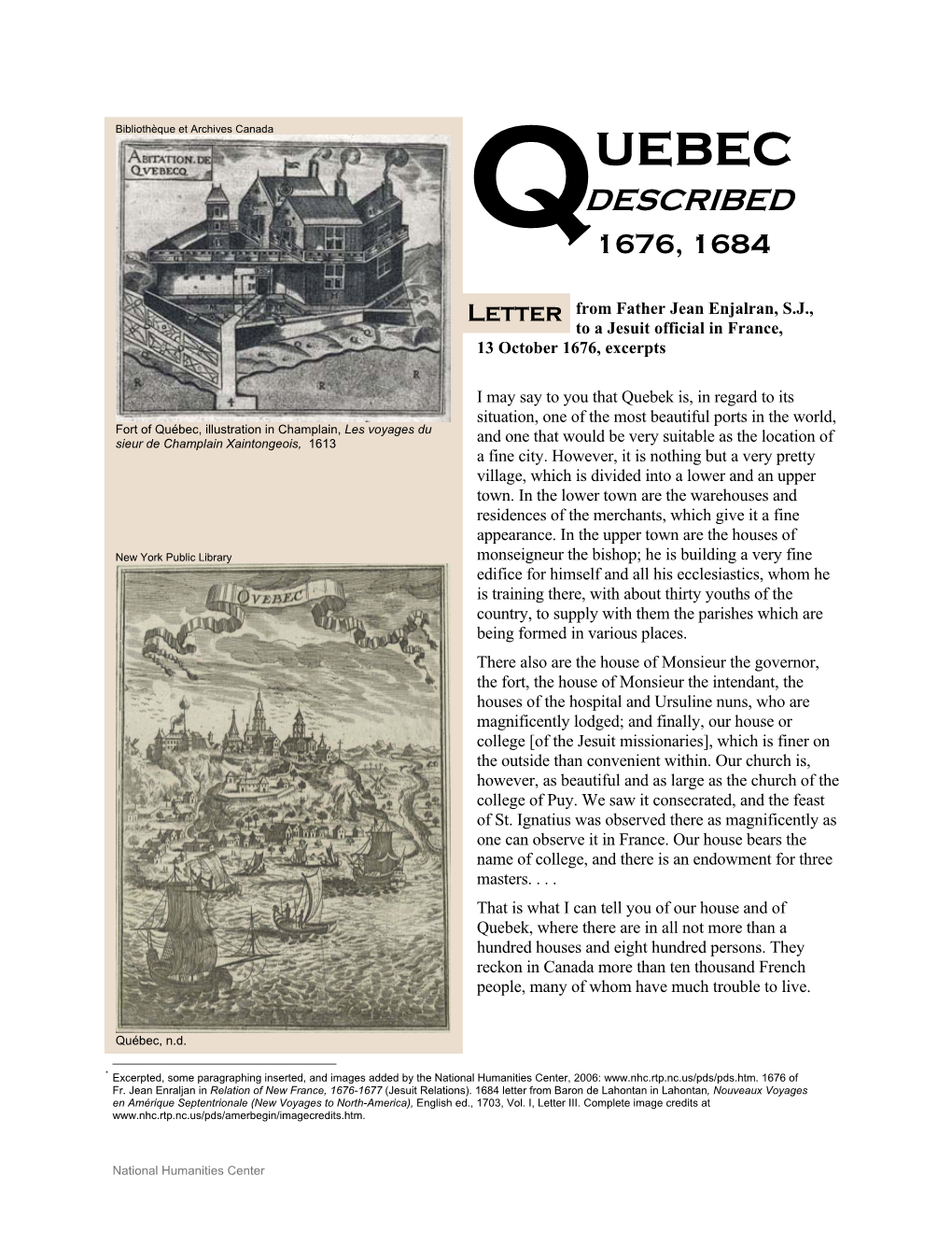 Quebec Descriptions, Jesuit Relations 1676, 1684