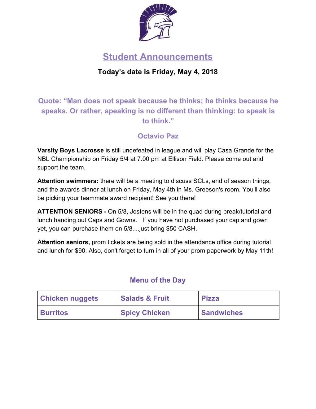 Student Announcements Today’S Date Is Friday, May 4, 2018