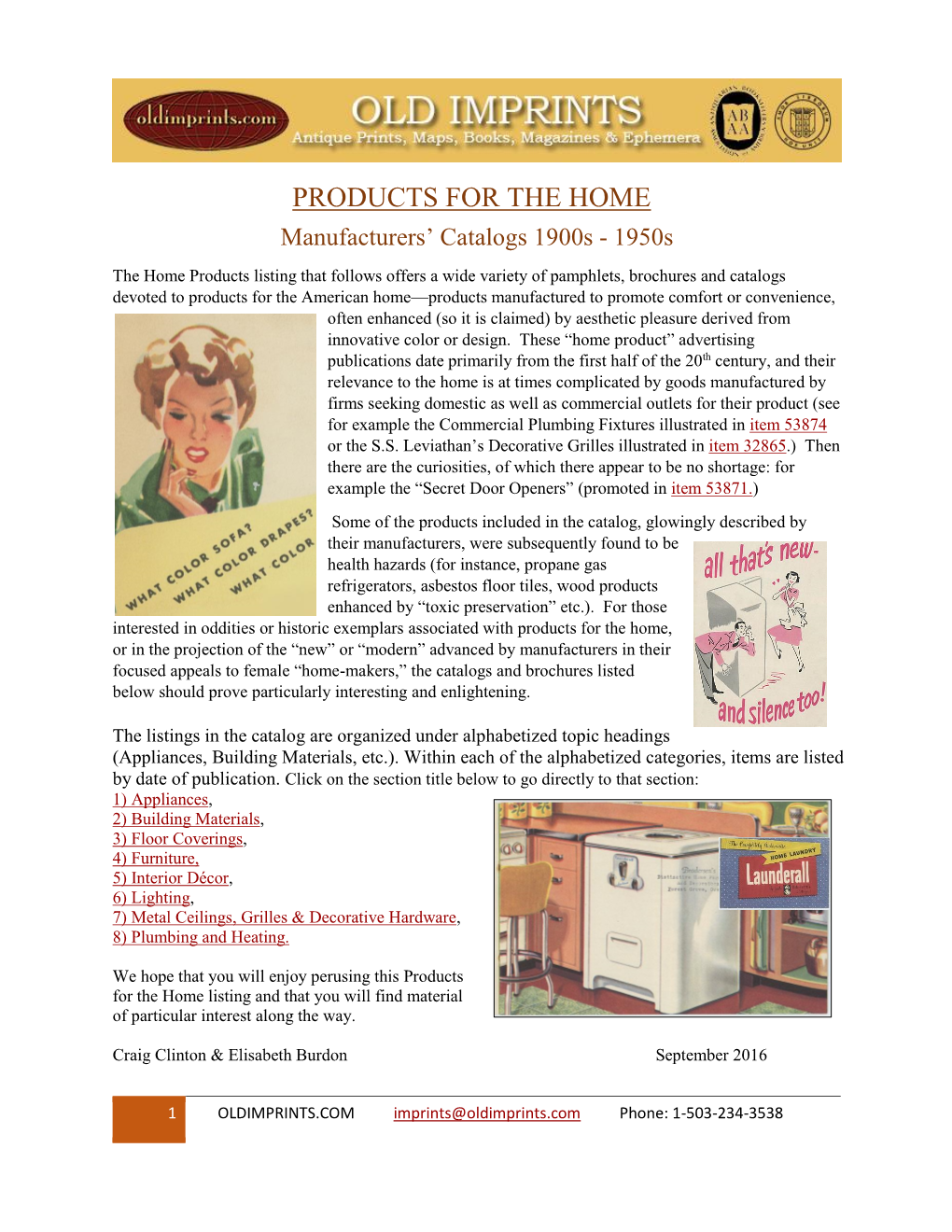 PRODUCTS for the HOME Manufacturers’ Catalogs 1900S - 1950S
