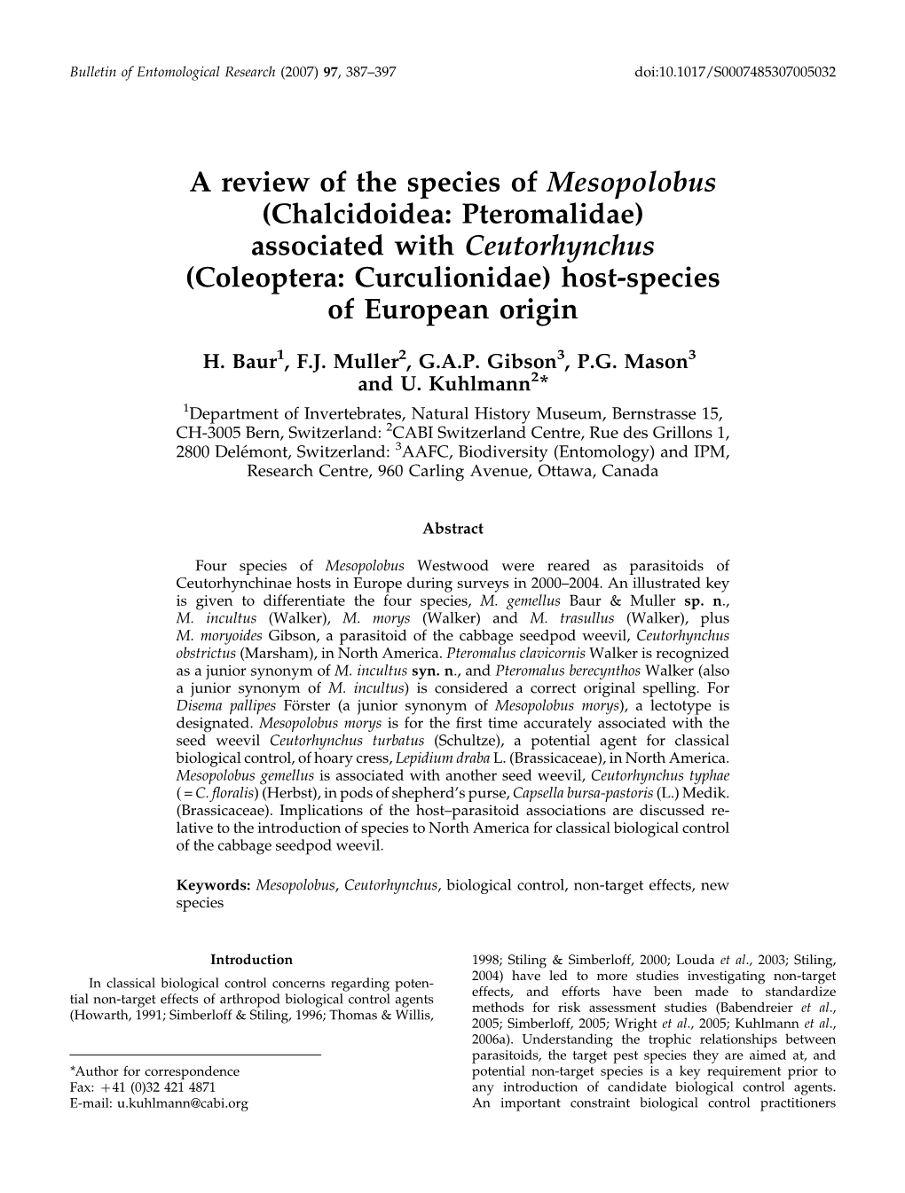 A Review of the Species of Mesopolobus (Chalcidoidea: Pteromalidae) Associated with Ceutorhynchus (Coleoptera: Curculionidae) Host-Species of European Origin