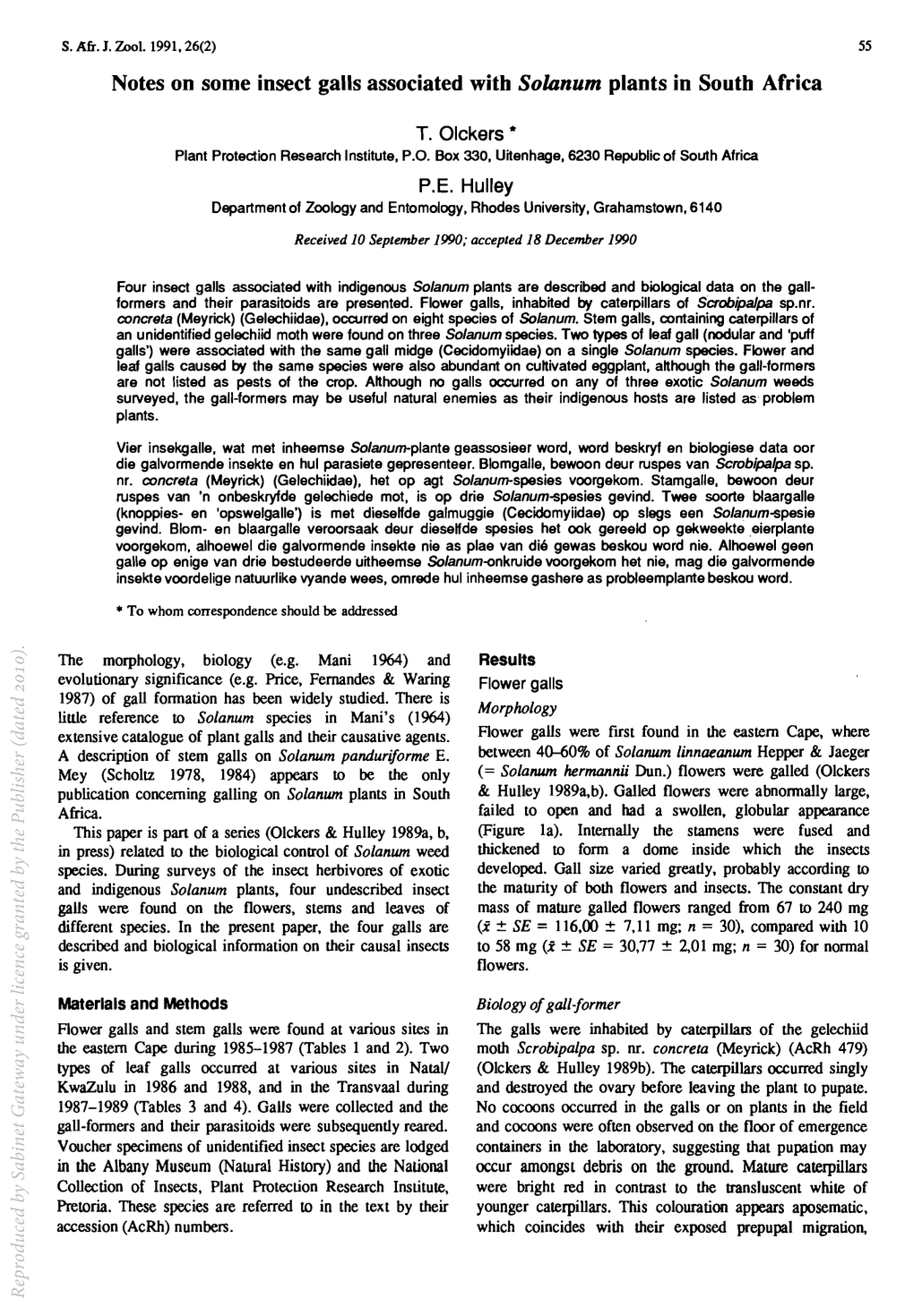 Notes on Some Insect Galls Associated with Solanum Plants in South Africa