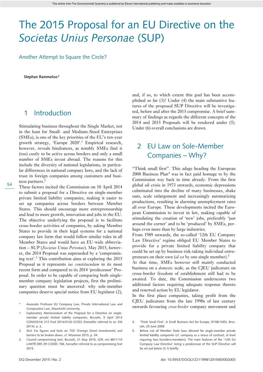 The 2015 Proposal for an EU Directive on the Societas Unius Personae (SUP)