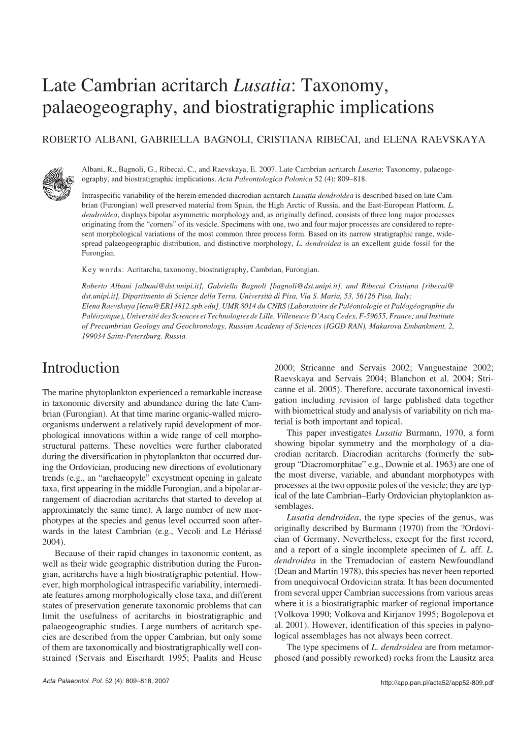 Late Cambrian Acritarch Lusatia: Taxonomy, Palaeogeography, and Biostratigraphic Implications