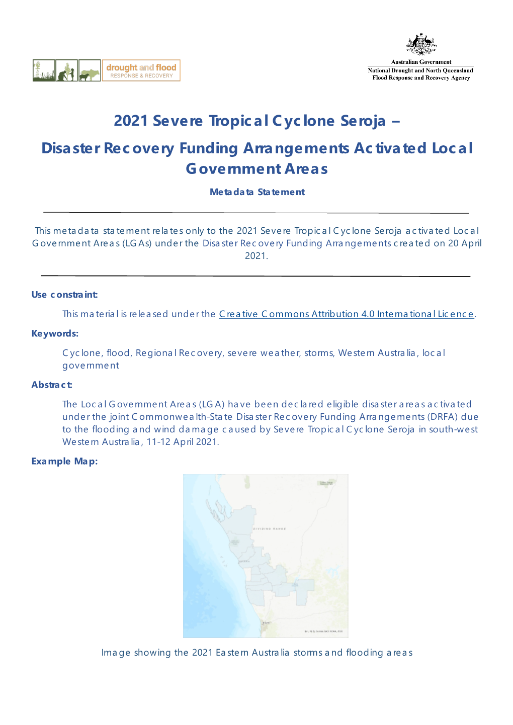 2021 Severe Tropical Cyclone Seroja – Disaster Recovery Funding Arrangements Activated Local Government Areas