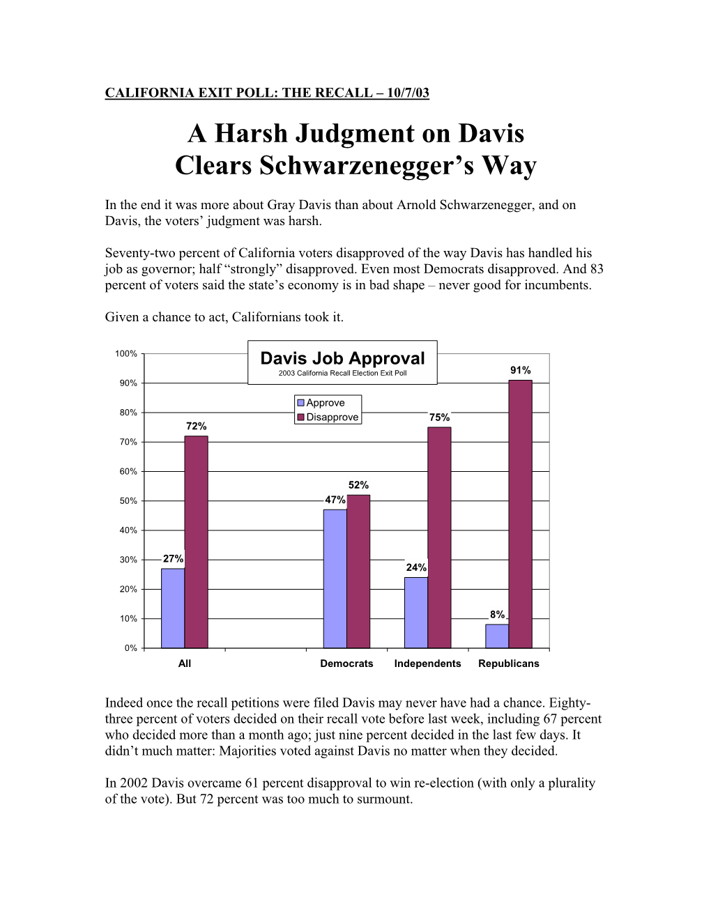 A Harsh Judgment on Davis Clears Schwarzenegger's