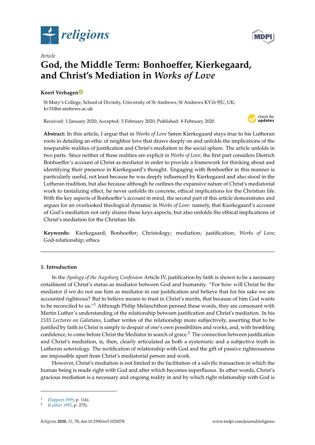 God, the Middle Term: Bonhoeffer, Kierkegaard, and Christ's Mediation in Works of Love